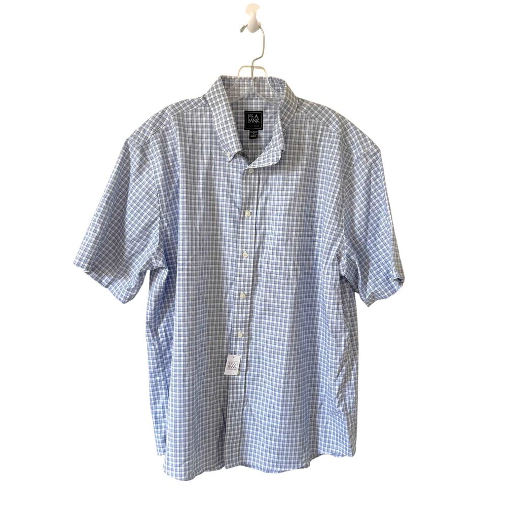 Jos. A. Bank Short Sleeve Plaid Shirt Blue White Green Size XL NEW